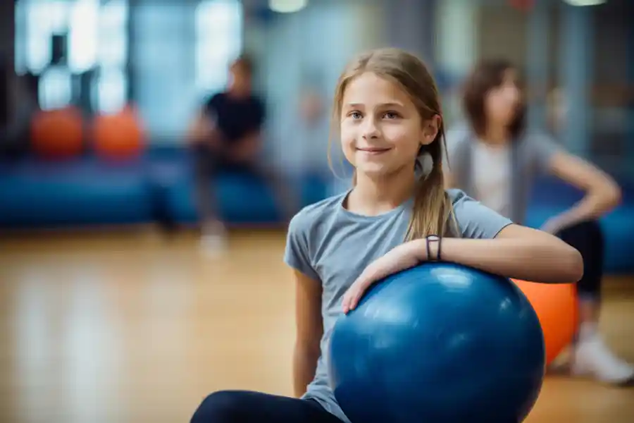 Junges Mädchen mit Gymnastikball bei aktiver Übung in der Kinderphysiotherapie.