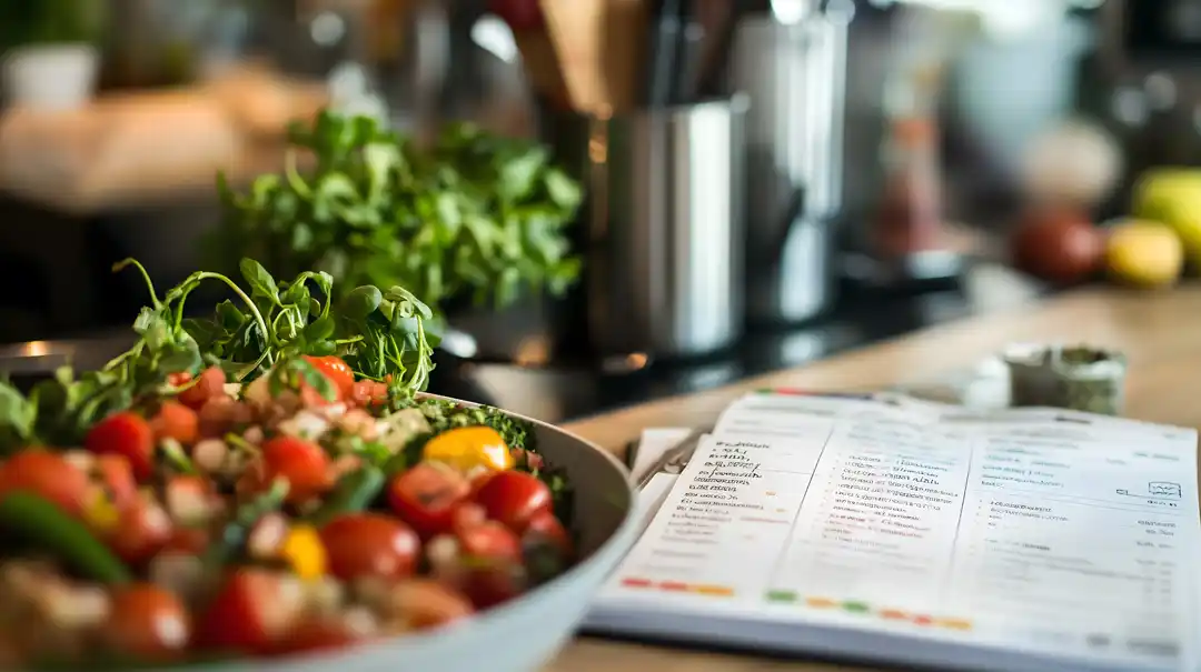 Ernährungsberatung Ein frischer, bunter Salat in einer Schüssel mit einem offenen Ernährungsplan oder Rezeptbuch im Vordergrund.