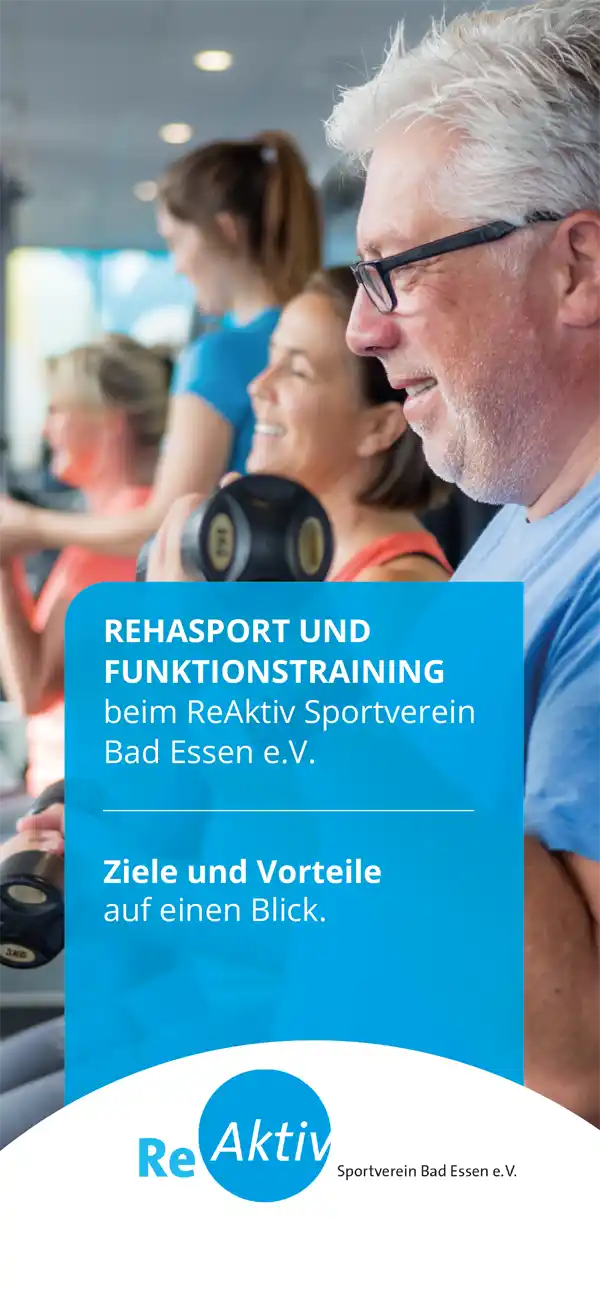 Flyer des ReAktiv Sportvereins Bad Essen e. V. mit motivierten Personen beim Rehasport und Funktionstraining.