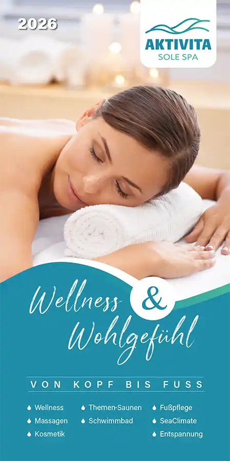 Cover vom AKTIVITA_Wellnessflyer Mai 2026 Titelbild des AKTIVITA Wellness-Flyers mit einer Frau bei einer Gesichtsmassage,.